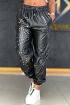 Zwarte casual effen patchwork normale conventionele broek met hoge taille