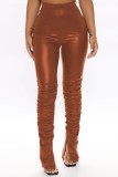 Pantalones de color sólido convencional de cintura alta ajustados con pliegues de hendidura sólida sexy marrón