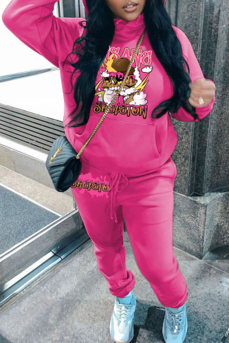 Rose Red Street Graphics Print Hooded Collar Sweatshirt And Pants Sportwear Plus Size Two Piece Jogger Set