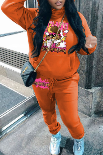 Orange Street Graphics Print Hooded Collar Sweatshirt And Pants Sportwear Plus Size Two Piece Jogger Set