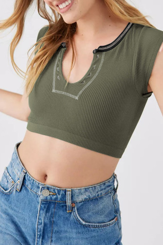 Army Green Sexy Street Solid Patchwork U Neck T-Shirts