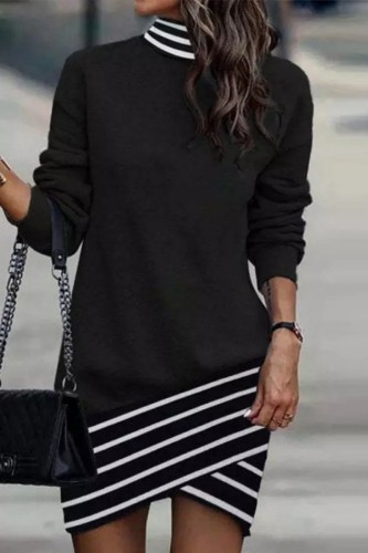 Black Casual Print Patchwork Turtleneck Long Sleeve Dresses