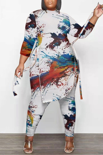 White Casual Print Camouflage Print Bandage Patchwork Asymmetrical O Neck Plus Size Two Pieces