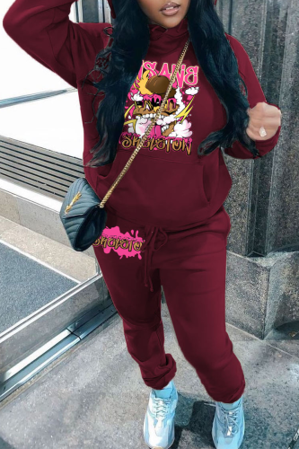 Burgundy Street Graphics Print Hooded Collar Sweatshirt And Pants Sportwear Plus Size Two Piece Jogger Set