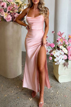 Розовые сексуальные однотонные прямые платья в стиле пэчворк с разрезом на тонких бретелях