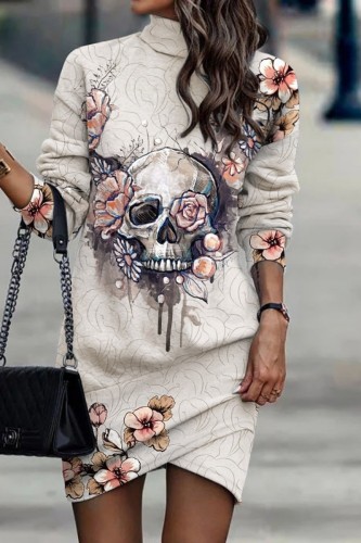 Cream White Casual Print Patchwork Turtleneck Long Sleeve Dresses