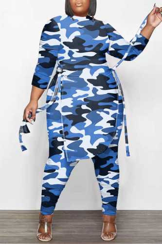 Blue Casual Print Camouflage Print Bandage Patchwork Asymmetrical O Neck Plus Size Two Pieces