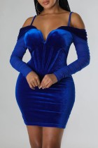 Blue Sexy Solid Patchwork Backless Off the Shoulder Long Sleeve Dresses
