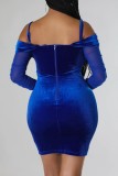 La rappezzatura solida sexy blu Backless fuori dai vestiti lunghi dalla manica della spalla