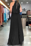Black Casual Solid Patchwork Backless Fold Halter Straight Dresses