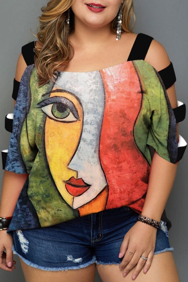 Legergroene casual print uitgeholde patchwork T-shirts met ronde hals