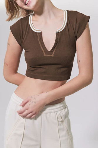 Coffee Sexy Street Solid Patchwork U Neck T-Shirts