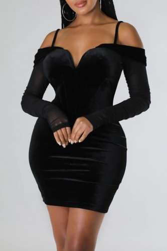 Black Sexy Solid Patchwork Backless Off the Shoulder Long Sleeve Dresses