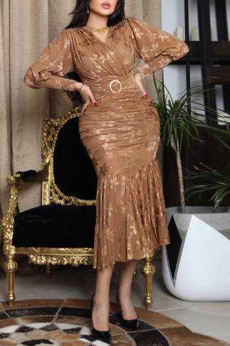 Coffee Celebrities Elegant Solid Patchwork V Neck Trumpet Mermaid Dresses