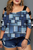 Camisetas con cuello en O de patchwork ahuecado con estampado casual azul oscuro