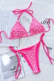 Pink Sexy Print Leopard Bandage Patchwork Backless Swimwears (mit Polsterungen)