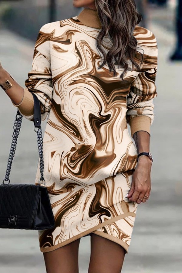 Vestidos de manga comprida com estampa casual patchwork de gola alta e damasco marrom