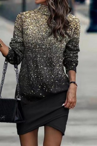 Black Gold Casual Print Patchwork Turtleneck Long Sleeve Dresses