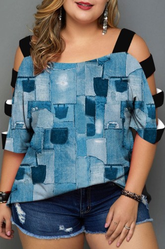 Camisetas con cuello en O de patchwork ahuecado con estampado casual azul