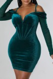 Verde sexy sólido patchwork sin espalda fuera del hombro vestidos de manga larga