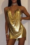 Gold Sexy Solid Patchwork Backless Neckholder Ärmelloses Kleid Kleider