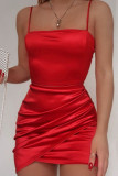 Rose Red Sexy Solid Patchwork Fold Spaghetti Strap One Step Skirt Dresses