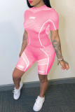 Розовый Повседневная спортивная одежда С принтом Пэчворк О-образный вырез С короткими рукавами Из двух частей