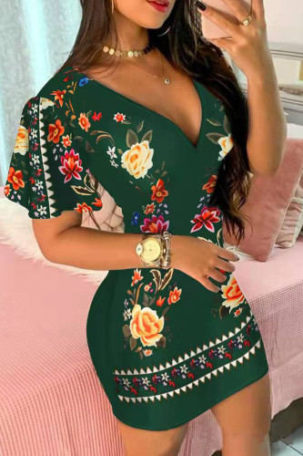 Green Casual Print Basic V Neck Short Sleeve Dress