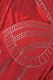 Rojo Sexy Patchwork Perforación en caliente Ahuecado Medio cuello alto Vestidos de manga larga