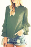 Black Casual Solid Flounce O Neck Tops