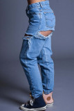 Blaue, lässige, feste, zerrissene, normale Jeans mit hoher Taille