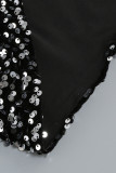 Svarta sexiga eleganta solida paljetter Patchwork fjädrar O-hals One Step kjolklänningar
