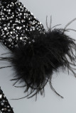 Zwarte sexy elegante effen pailletten patchwork veren O-hals eenstaps rokjurken