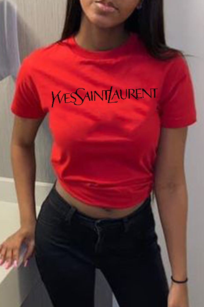 

Red Casual Street Print Patchwork Letter O Neck T-Shirts
