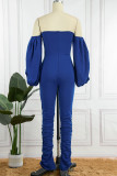 Blauwe casual effen rugloze spleet off-shoulder magere jumpsuits