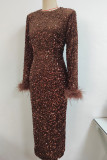 Black Sexy Elegant Solid Sequins Patchwork Feathers O Neck One Step Skirt Dresses