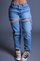 Blue Casual Solid High Waist Regular Denim Jeans Ripped Denim Jeans