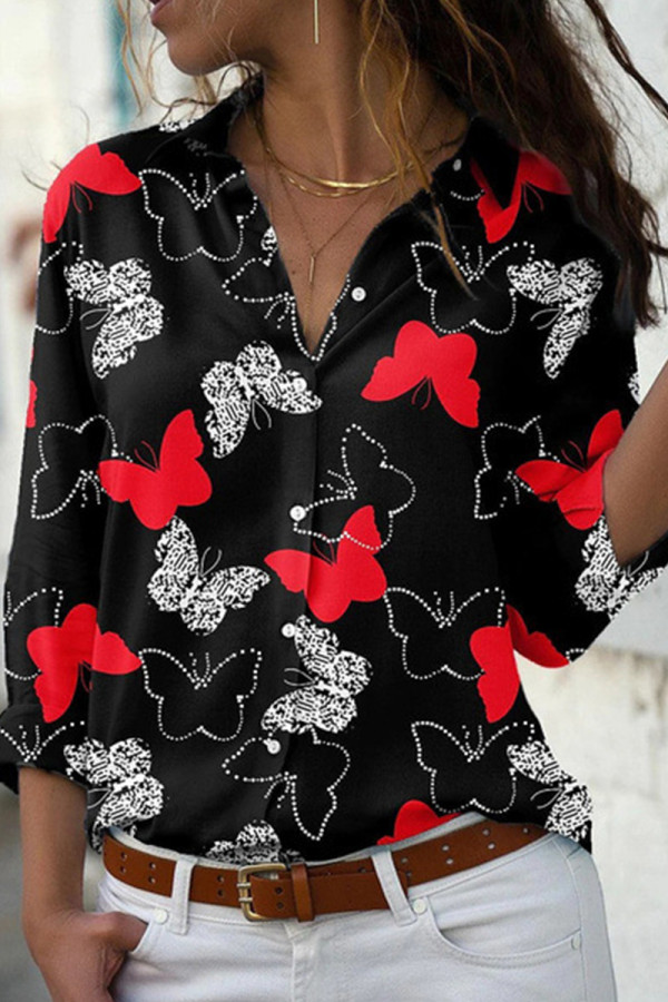 Top con colletto della camicia di base con stampa farfalla casual rossa