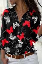 Red Casual Butterfly Print Basic Shirt Collar Tops