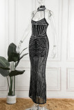 Schwarzes reizvolles Patchwork-heißes Bohren ausgehöhlte rückenfreie Halter-lange Kleid-Kleider