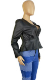 Black Street Solid Patchwork Buttons V Neck Outerwear
