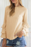 Red Casual Solid Flounce O Neck Tops
