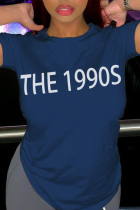 Camisetas azul marinho street com estampa vintage patchwork letra O decote