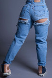 Blaue, lässige, feste, zerrissene, normale Jeans mit hoher Taille