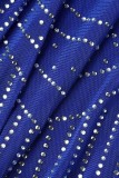 Blauwe sexy patchwork hete boren uitgeholde halve coltrui jurken met lange mouwen