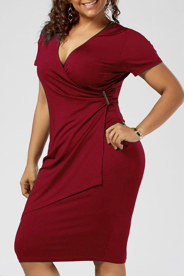 Vestido de manga corta con cuello en V de patchwork sólido informal rojo Vestidos de talla grande