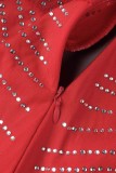 Rojo Sexy Patchwork Perforación en caliente Ahuecado Medio cuello alto Vestidos de manga larga