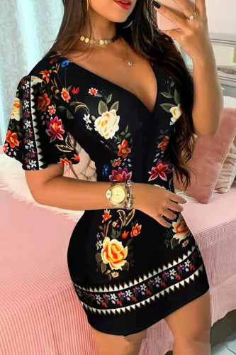 Black Casual Print Basic V Neck Short Sleeve Dress