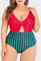 Red Sexy Print Hollowed Out Patchwork Backless Spaghetti Strap Plus Size Swimwear