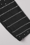 Negro sexy patchwork perforación en caliente ahuecado hacia fuera medio cuello alto vestidos de manga larga